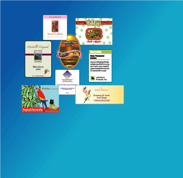 Pictures of the wide variety of Custom Printed Labels we can create.  High quality film, paper, foil, barcode, tamper evident, and extended text labels serving, among others, the pharmaceutical, food, cosmetic, chemical and other industrial companies.